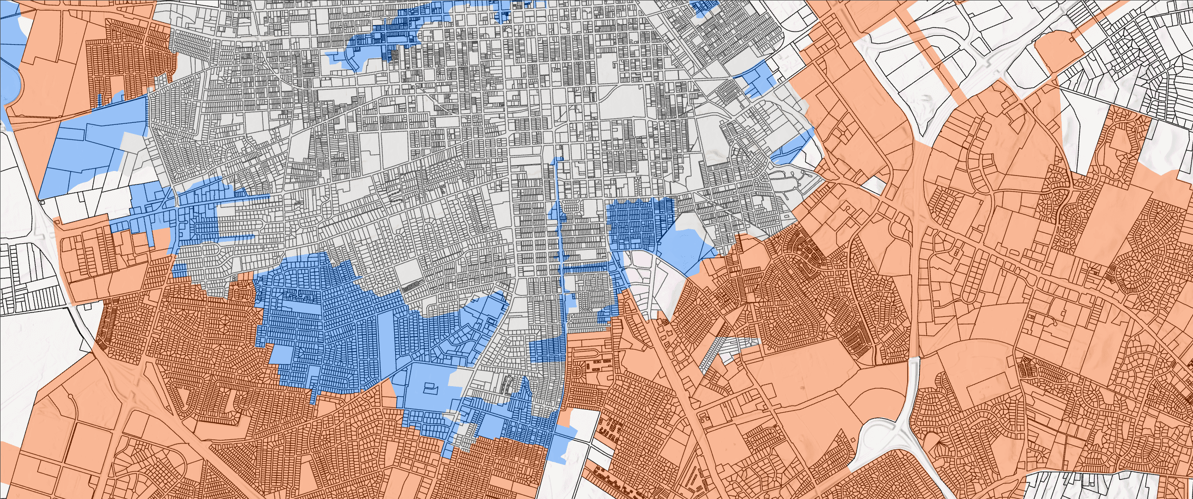 GIS location analysis map showing parcel boundaries, service areas, and spatial overlay zones.